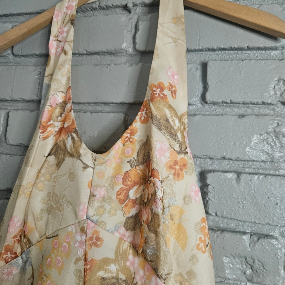 Vintage 70s ILGWU Floral Halter Maxi Dress Peach Orange Boho Prom Gown Size 10 - Picture 2 of 8